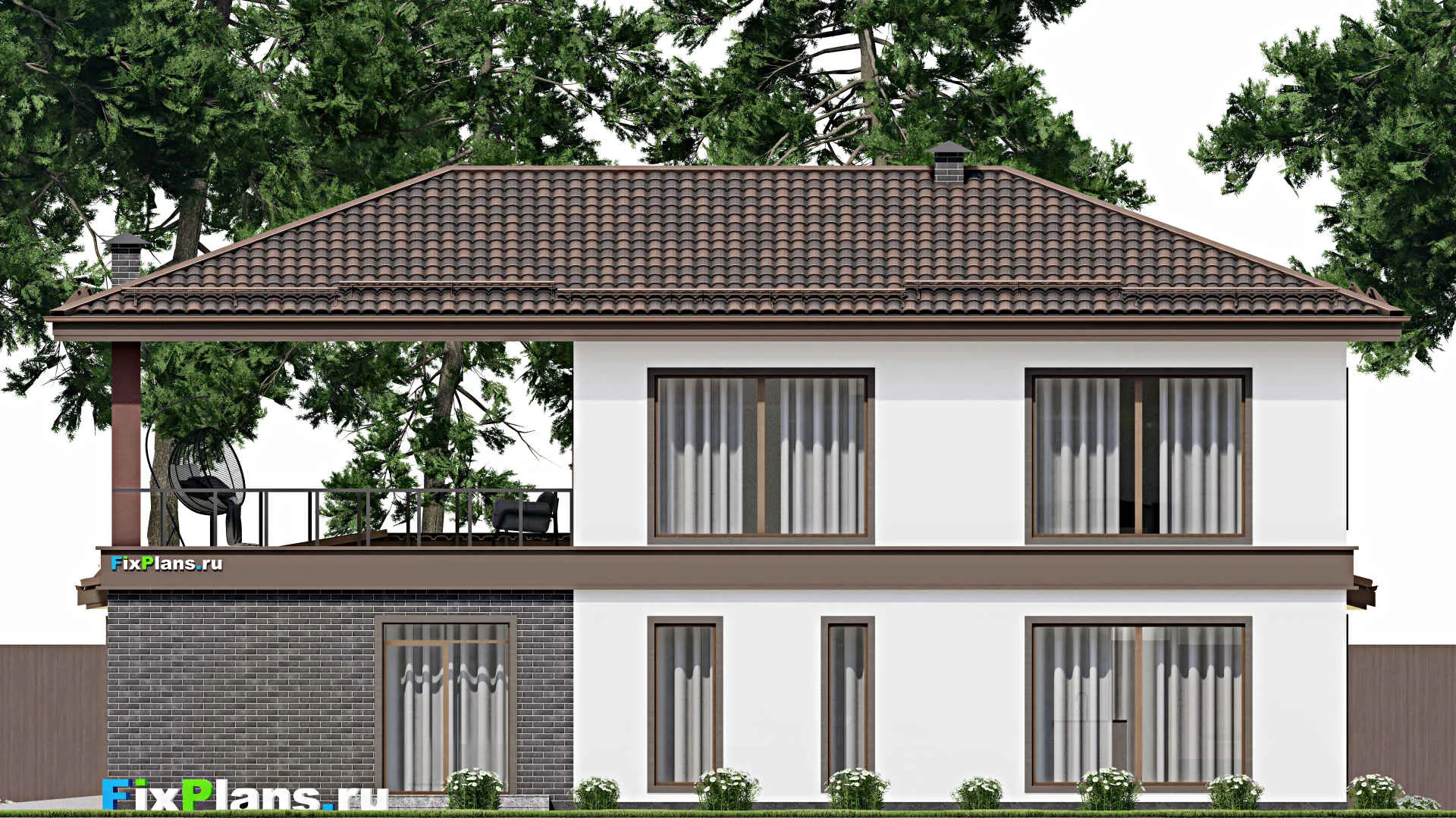 F-7946 - Проект двухэтажного дома 15 на 18, площадью 310 м² с террасой, баней, гаражом на 2 машины и 2 спальнями