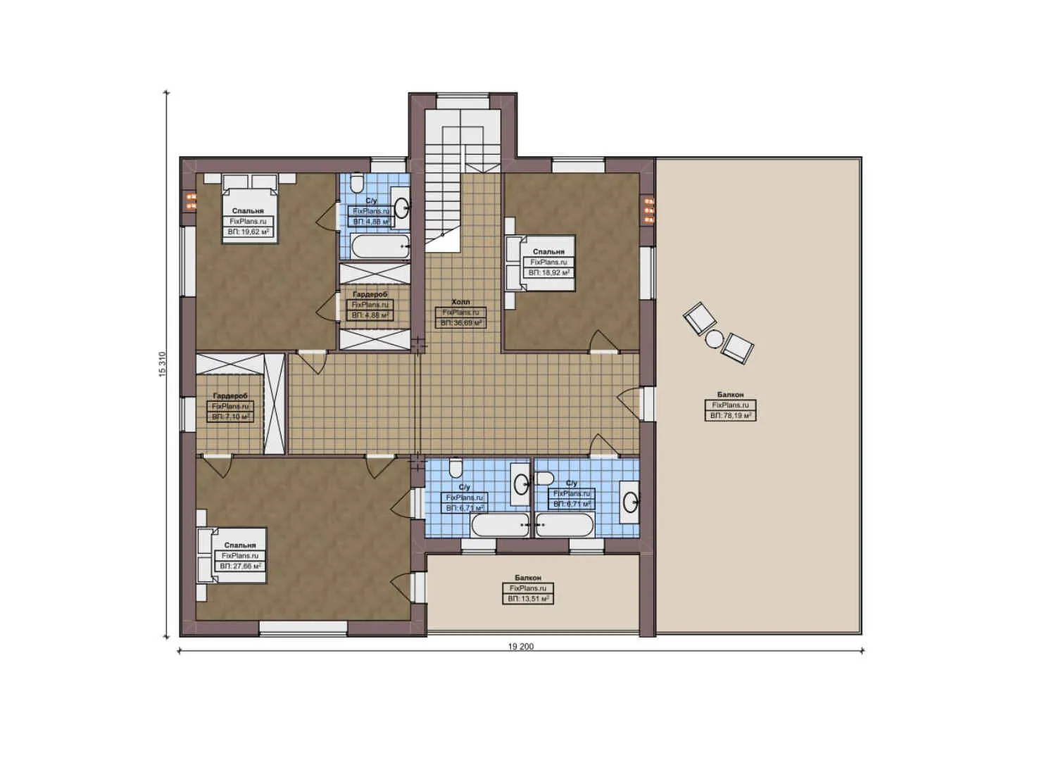 F-10718 - Планы двухэтажного дома 19 на 20, площадью 470 м² с 3 спальнями