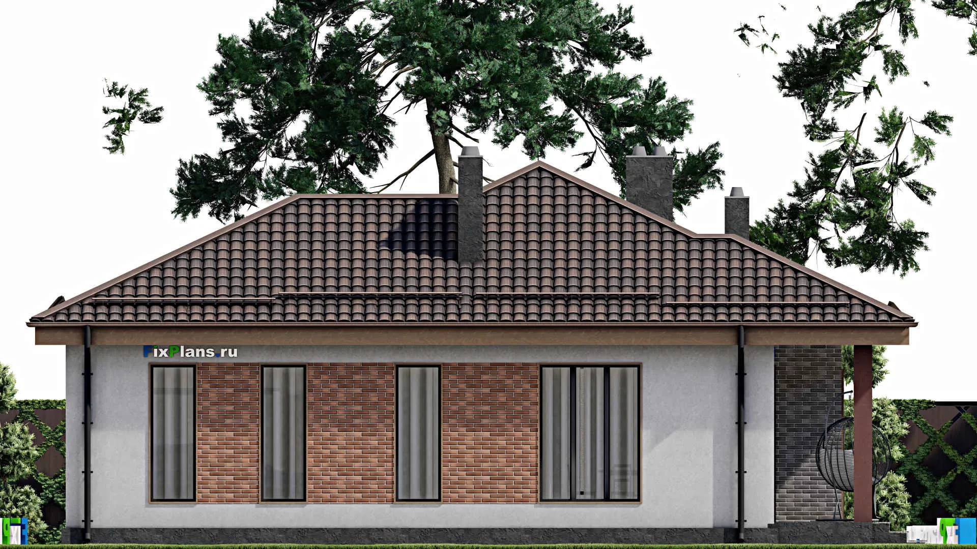 F-7469 - Проект одноэтажного дома 14 на 16, площадью 140 м² с террасой, гаражом на 1 машину и 3 спальнями