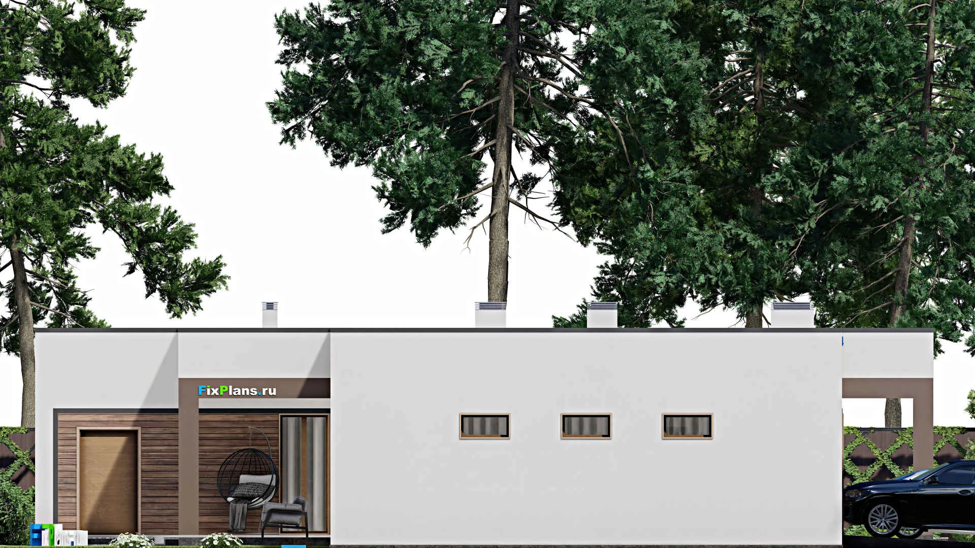 F-8945 - Проект одноэтажного дома 18 на 23, площадью 260 м² с террасой, баней, гаражом на 2 машины, спортзалом и 2 спальнями