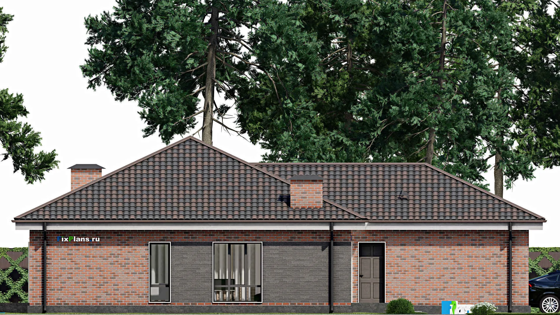 F-5858 - Проект одноэтажного дома 16 на 18, площадью 190 м² с гаражом на 2 машины и 3 спальнями