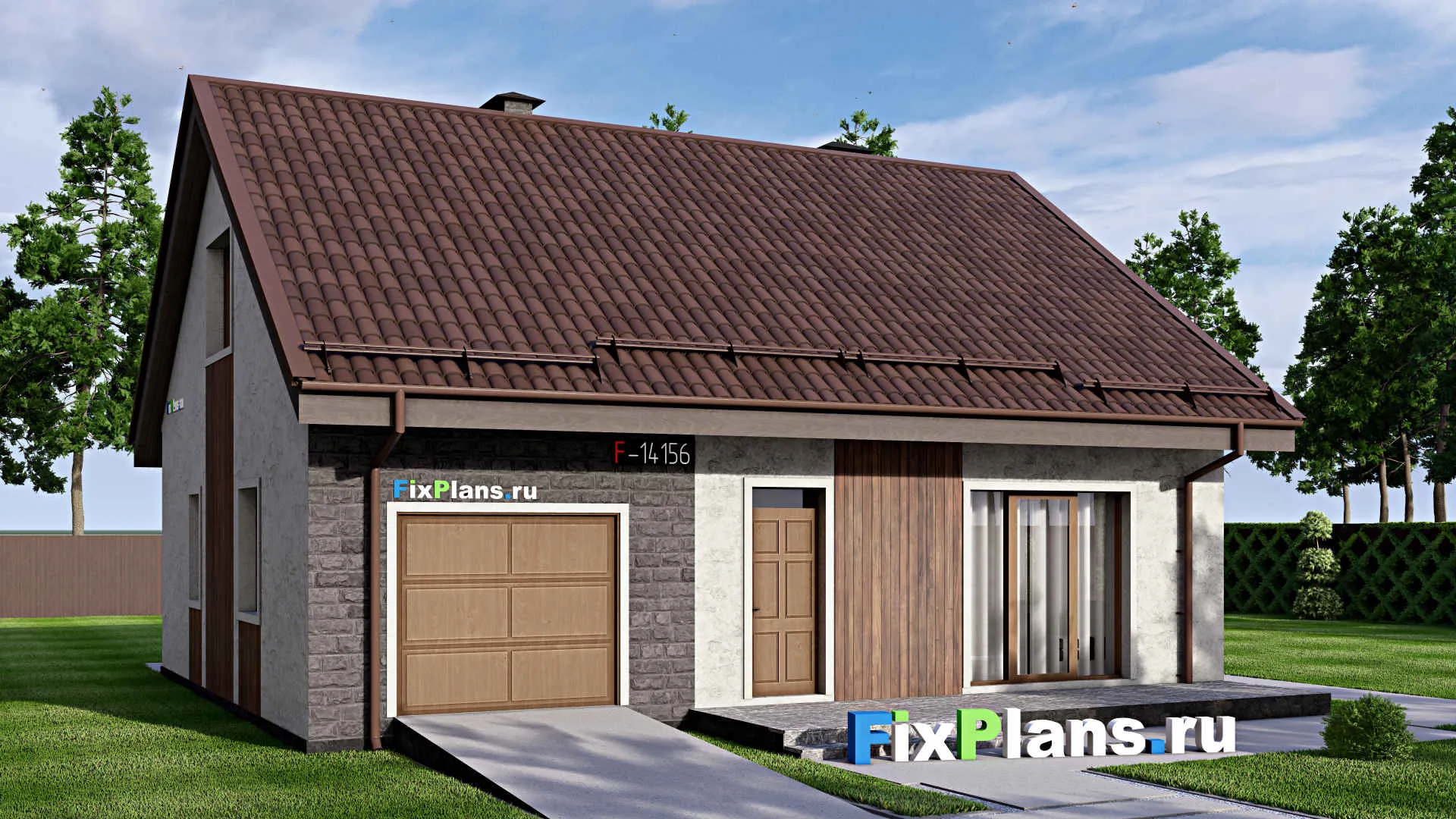 F-14156 - Проект дома с мансардой 12 на 12, площадью 150 м² с гаражом на 1 машину и 5 спальнями