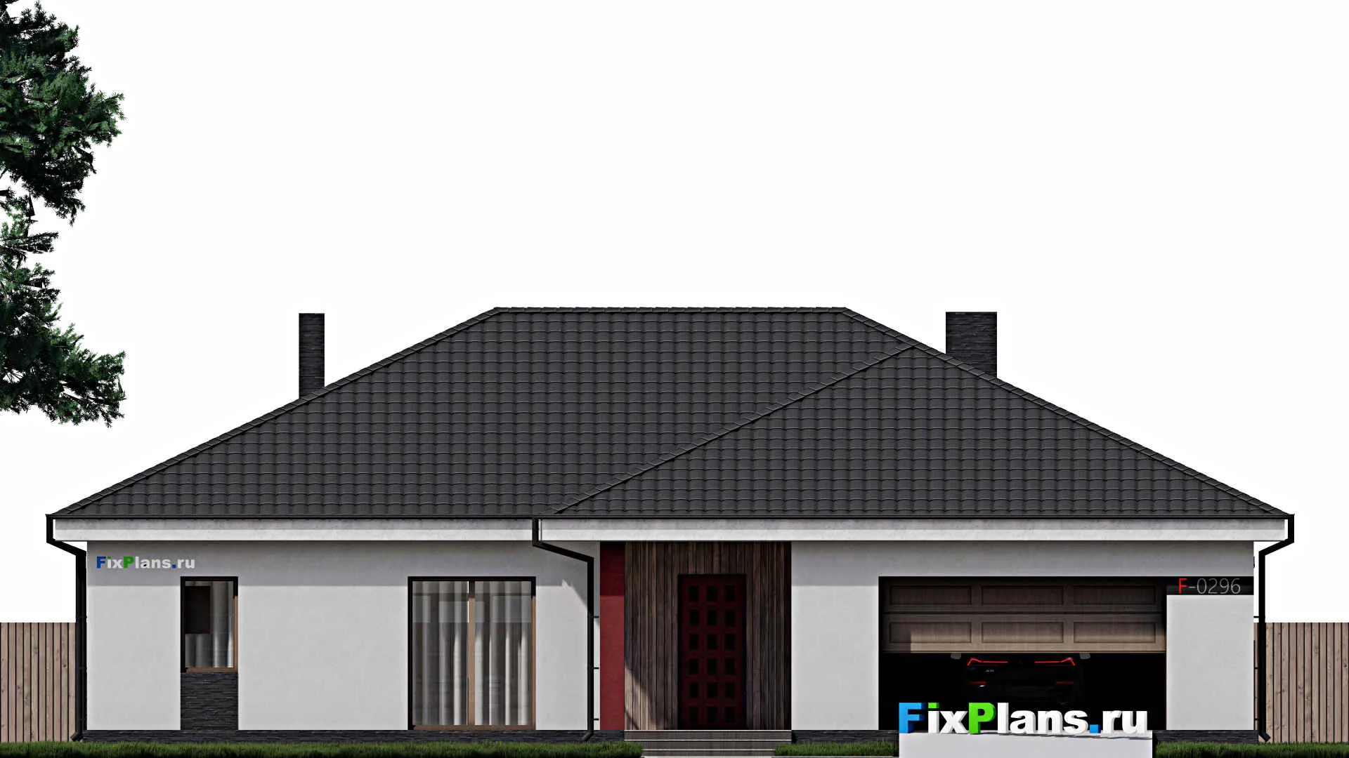 F-0296 - Проект одноэтажного дома 16 на 19, площадью 220 м² с террасой, гаражом на 2 машины и 2 спальнями