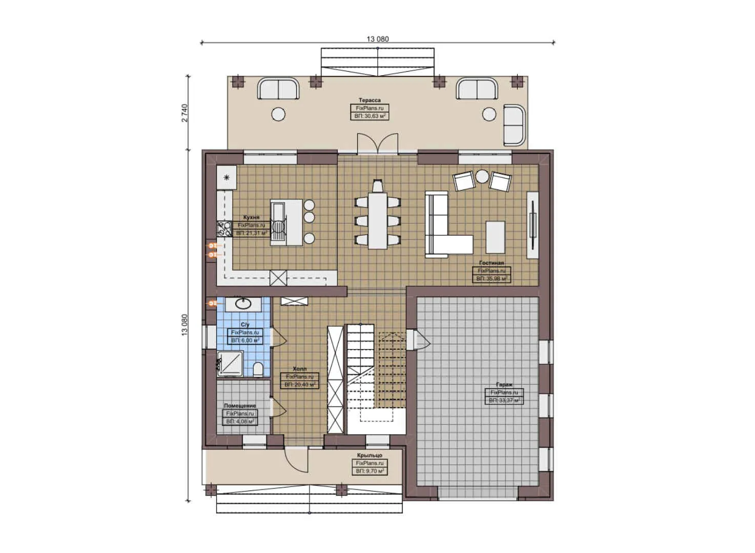 F-6497 - Планы дома с мансардой 14 на 14, площадью 250 м² с террасой, гаражом на 1 машину и 3 спальнями