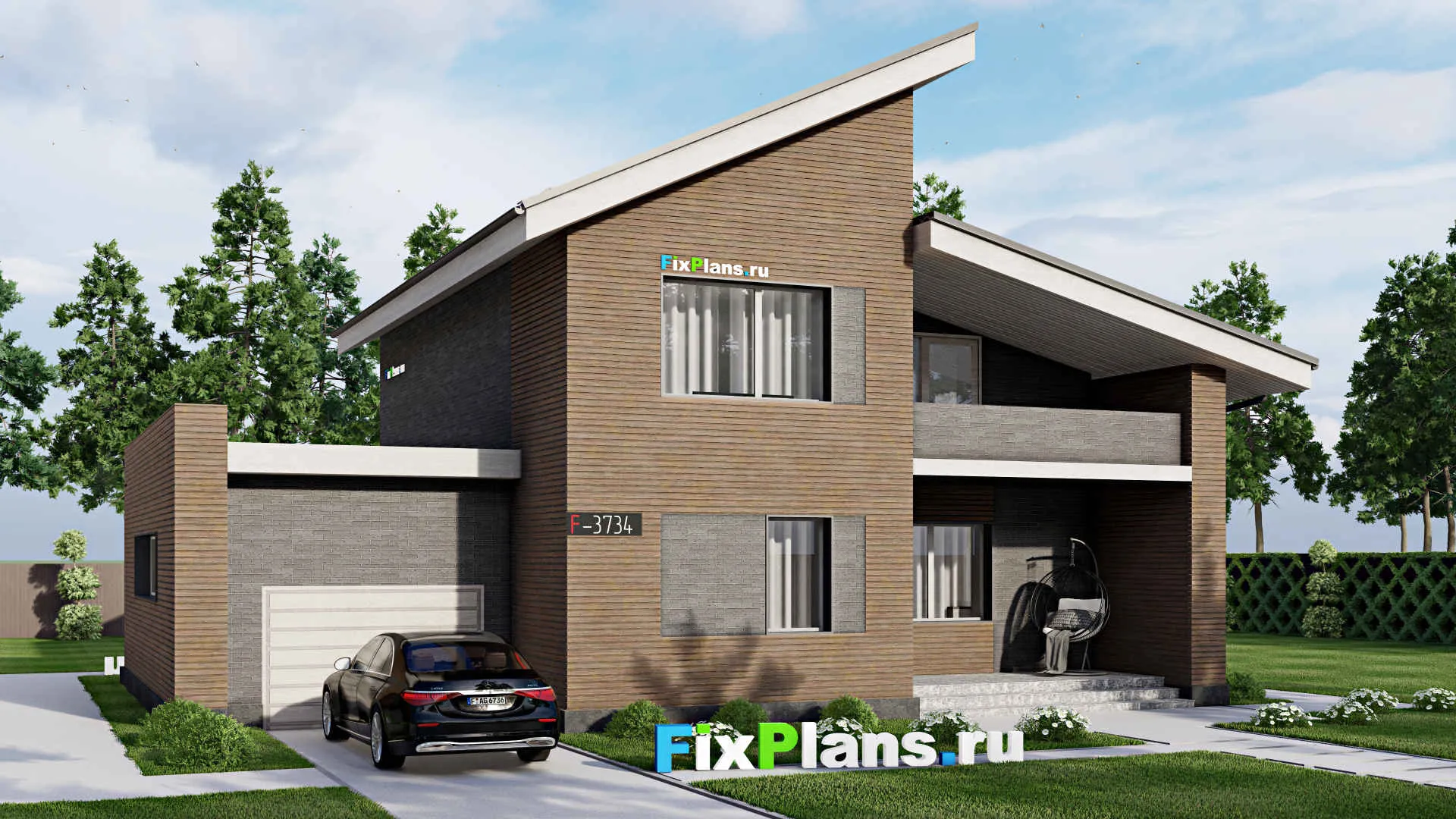 F-3734 - Проект дома с мансардой 12 на 15, площадью 200 м² с балконом, гаражом на 1 машину и 2 спальнями