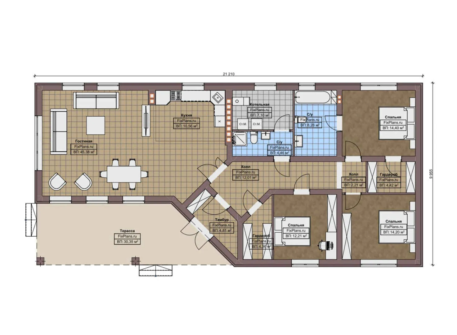 F-8864 - План одноэтажного дома 10 на 22, площадью 180 м² с террасой и 3 спальнями