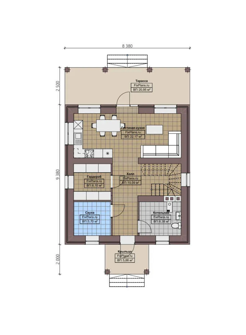 F-2159 - Планы двухэтажного дома 9 на 10, площадью 140 м² с террасой, баней и 3 спальнями