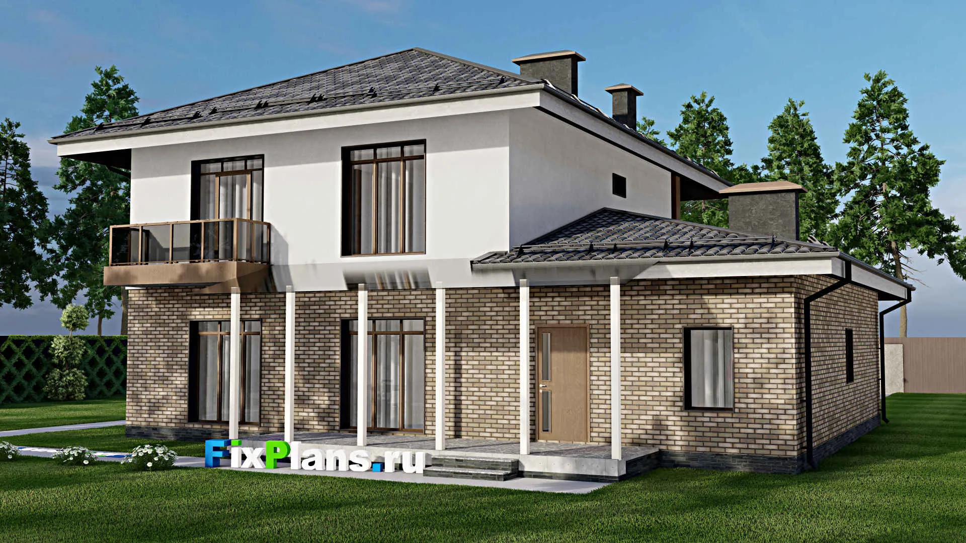 F-10142 - Проект двухэтажного дома 15 на 17, площадью 250 м² с террасой, балконом, гаражом на 2 машины и 4 спальнями