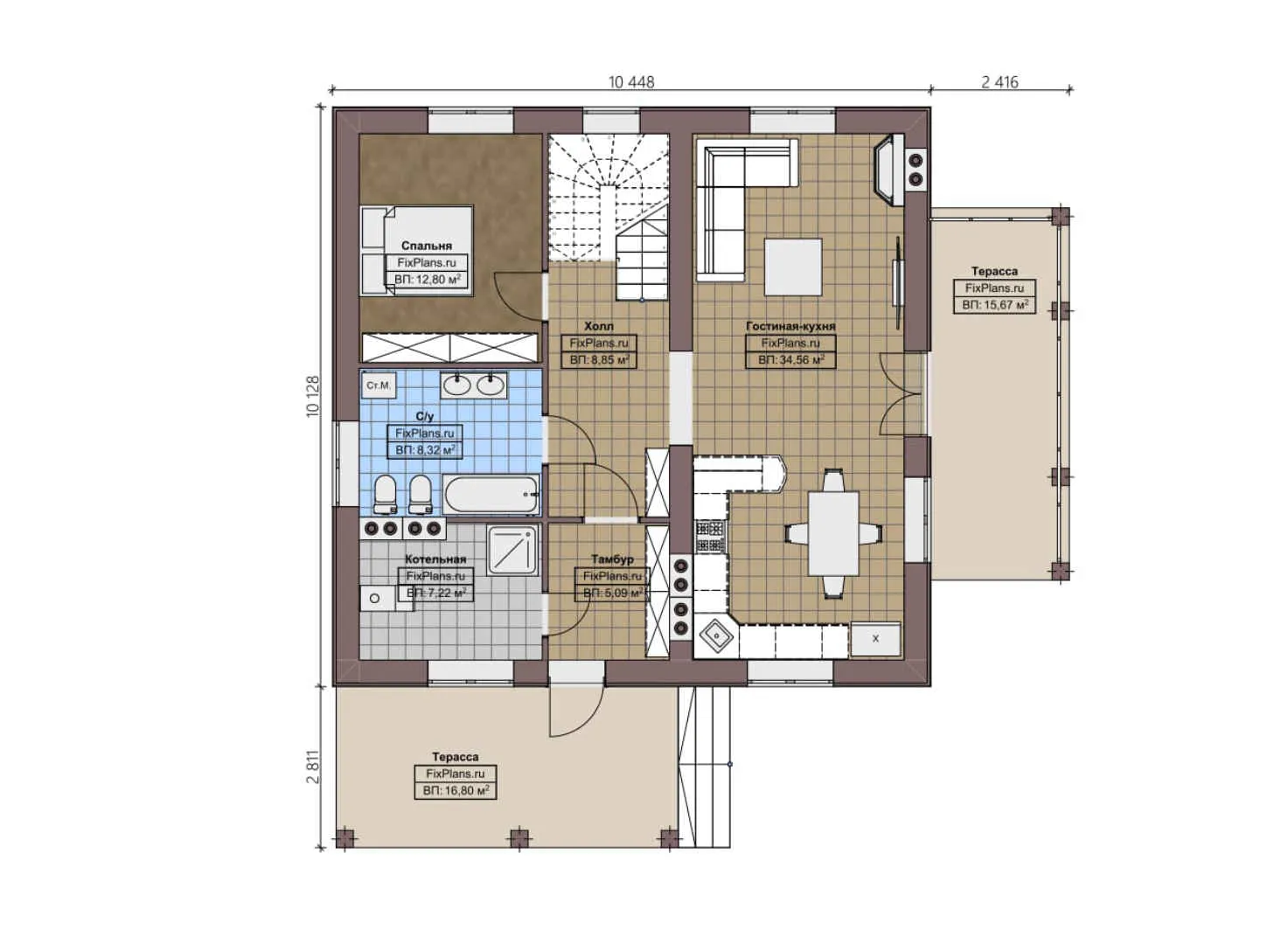 F-4697 - Планы дома с мансардой 11 на 11, площадью 210 м² с террасой, балконом и 4 спальнями