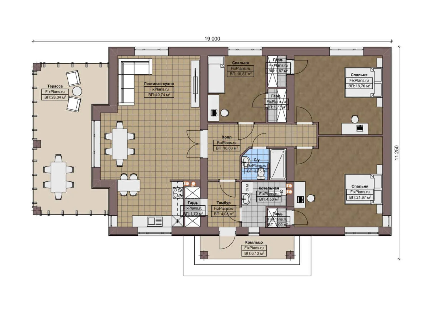 F-7748 - План одноэтажного дома 12 на 19, площадью 160 м² с террасой и 3 спальнями