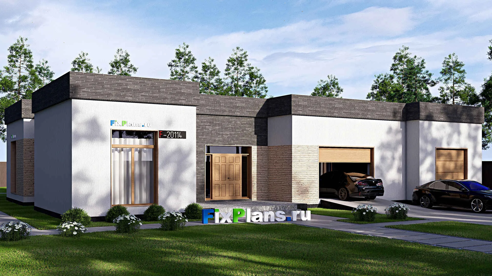 F-20114 - Проект одноэтажного дома 23 на 23, площадью 400 м² с террасой, гаражом на 2 машины и 3 спальнями