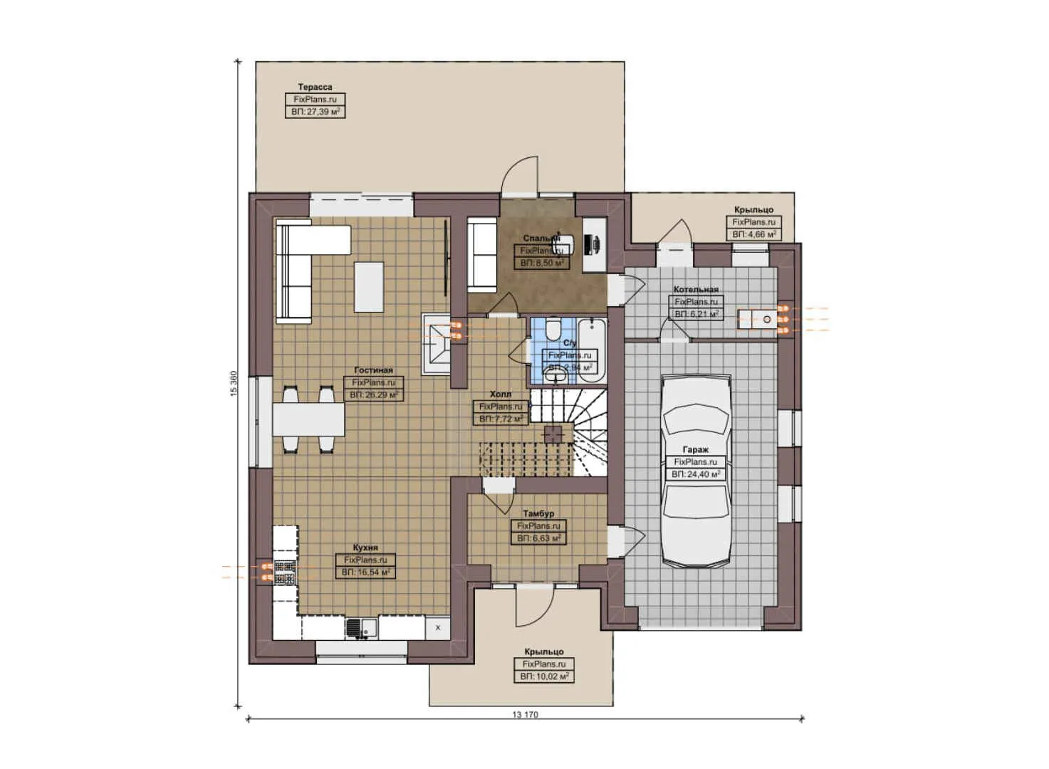 F-6776 - Планы двухэтажного дома 14 на 16, площадью 200 м² с террасой, гаражом на 1 машину и 4 спальнями