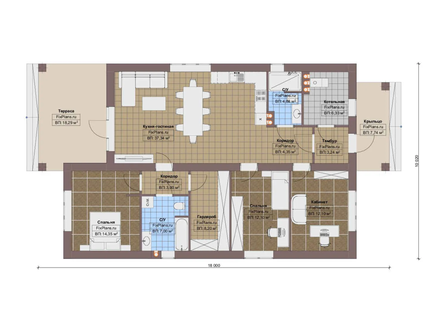F-19457 - План одноэтажного дома 11 на 18, площадью 140 м² с террасой и 2 спальнями