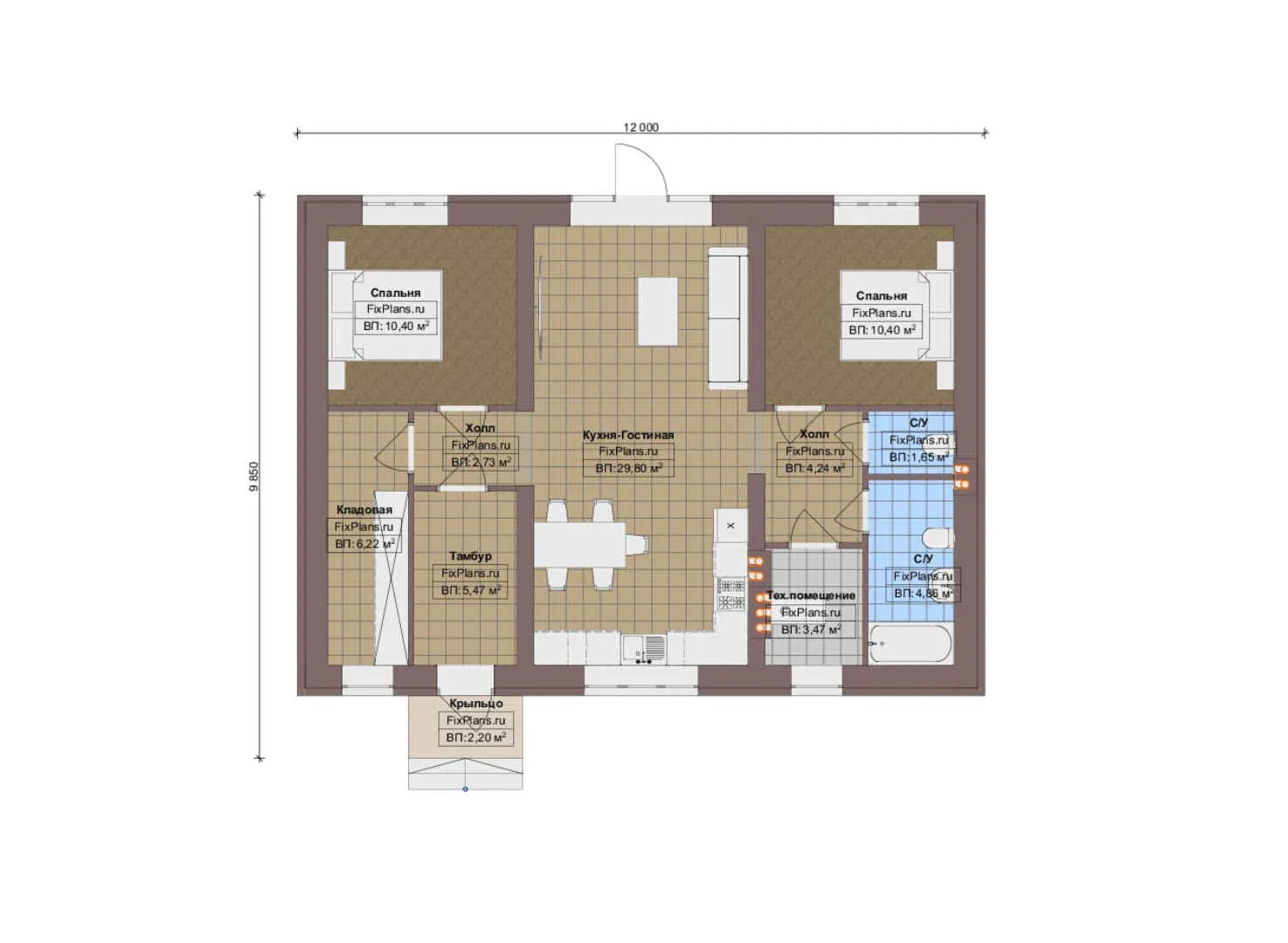 F-18107 - План одноэтажного дома 10 на 12, площадью 90 м² с 2 спальнями