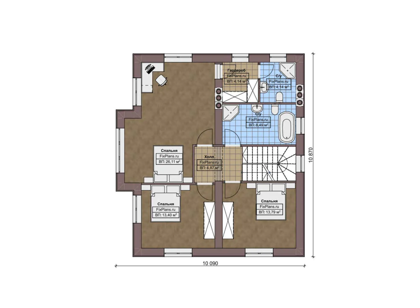 F-7325 - Планы двухэтажного дома 14 на 14, площадью 200 м² с террасой и 4 спальнями