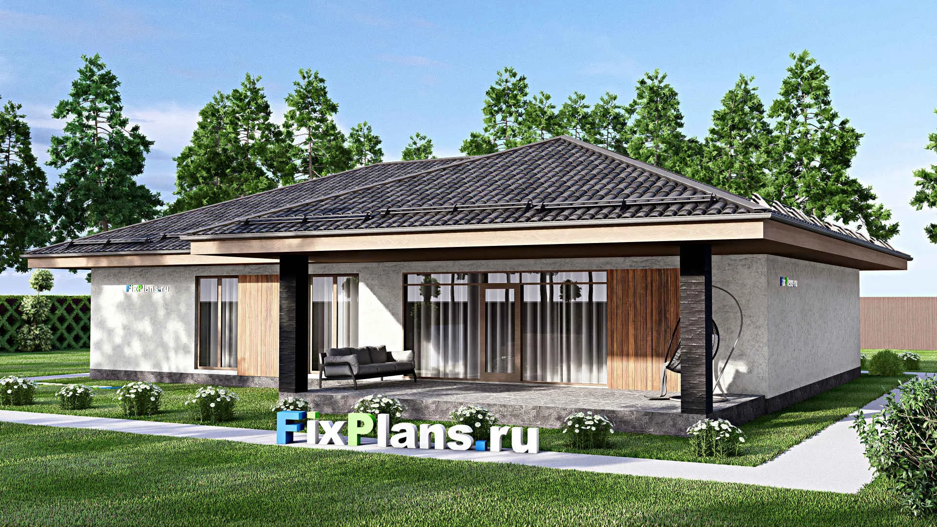 F-12833 - Проект одноэтажного дома 17 на 19, площадью 210 м² с террасой и 4 спальнями