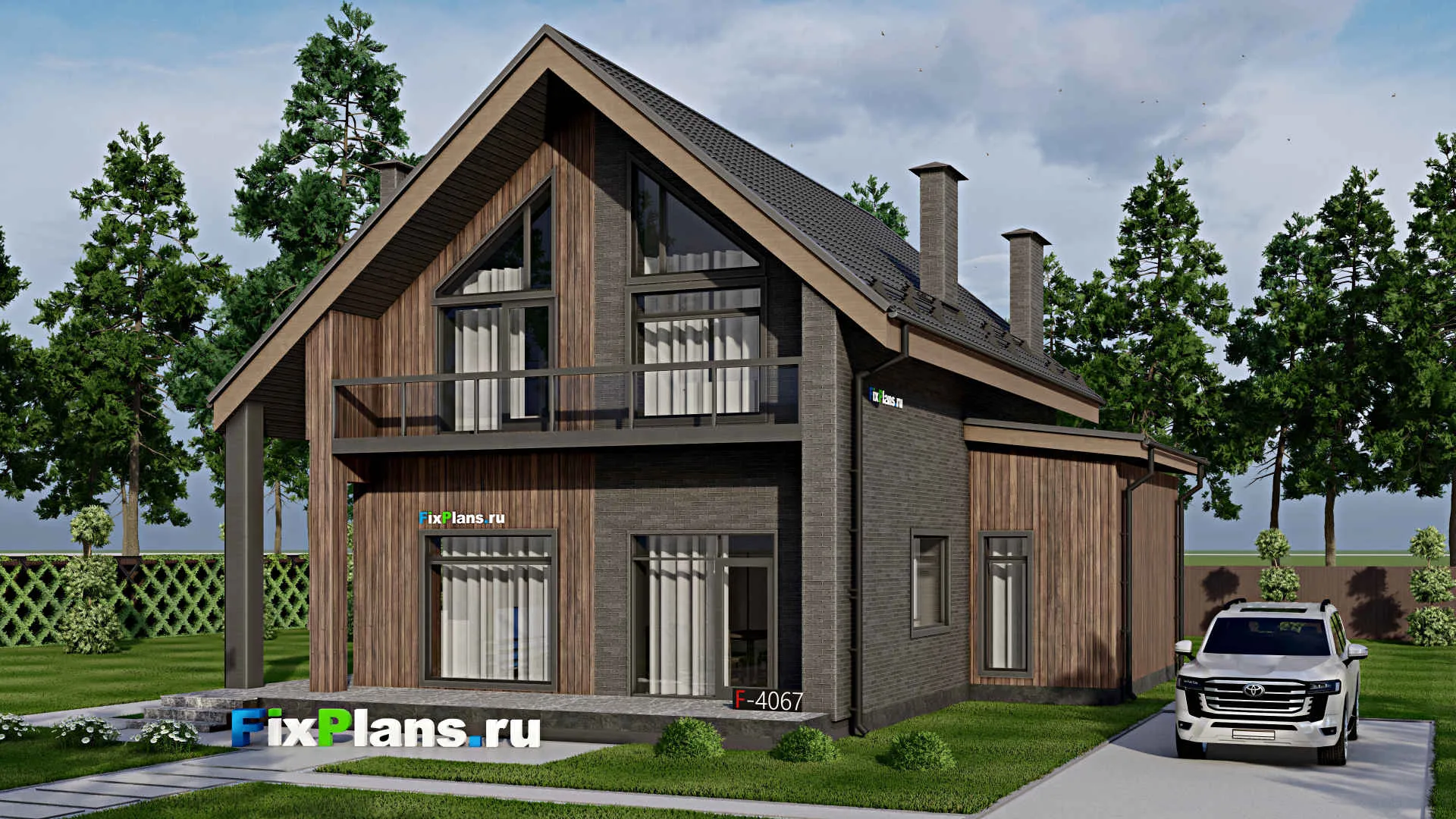 F-4067 - Проект дома с мансардой 13 на 15, площадью 210 м² с террасой, балконом и 3 спальнями