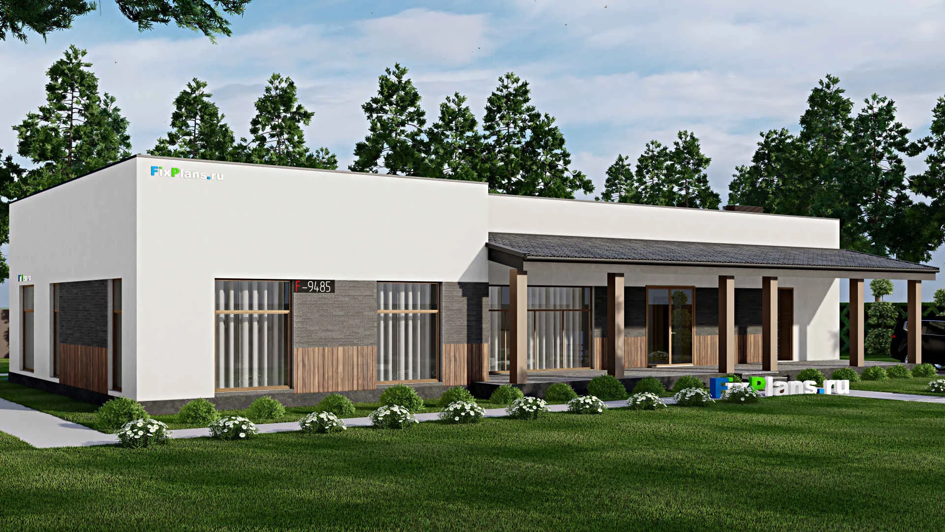 F-9485 - Проект одноэтажного дома 14 на 29, площадью 260 м² с террасой, баней и 3 спальнями