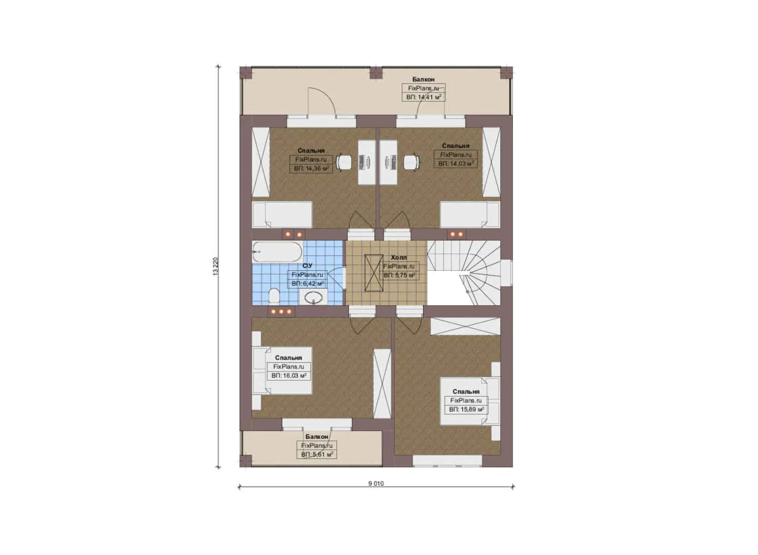 F-19052 - Планы двухэтажного дома 10 на 15, площадью 200 м² с террасой, балконом и 5 спальнями