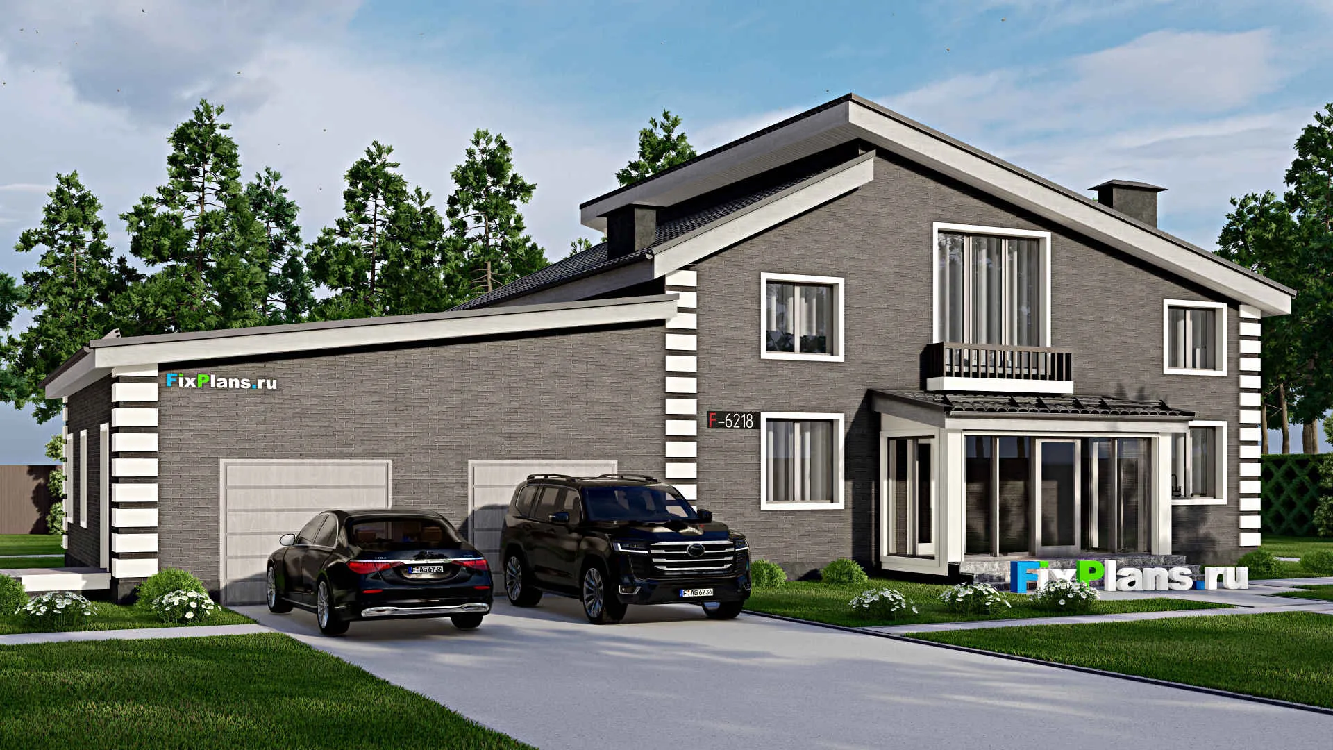 F-6218 - Проект дома с мансардой 16 на 22, площадью 310 м² с террасой, балконом, гаражом на 2 машины и 6 спальнями