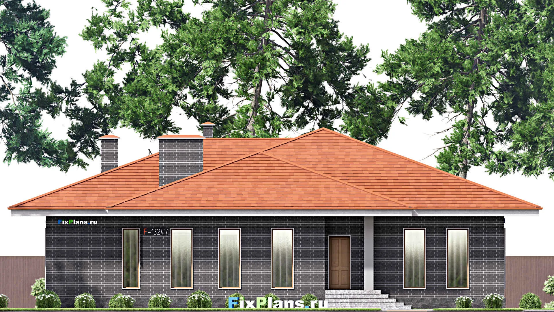 F-13247 - Проект одноэтажного дома 18 на 19, площадью 380 м² с террасой, цокольным этажом, спортзалом и 4 спальнями