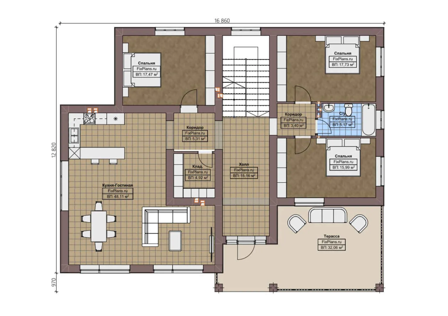 F-0818 - Планы дома с мансардой 13 на 17, площадью 260 м² с террасой и 4 спальнями