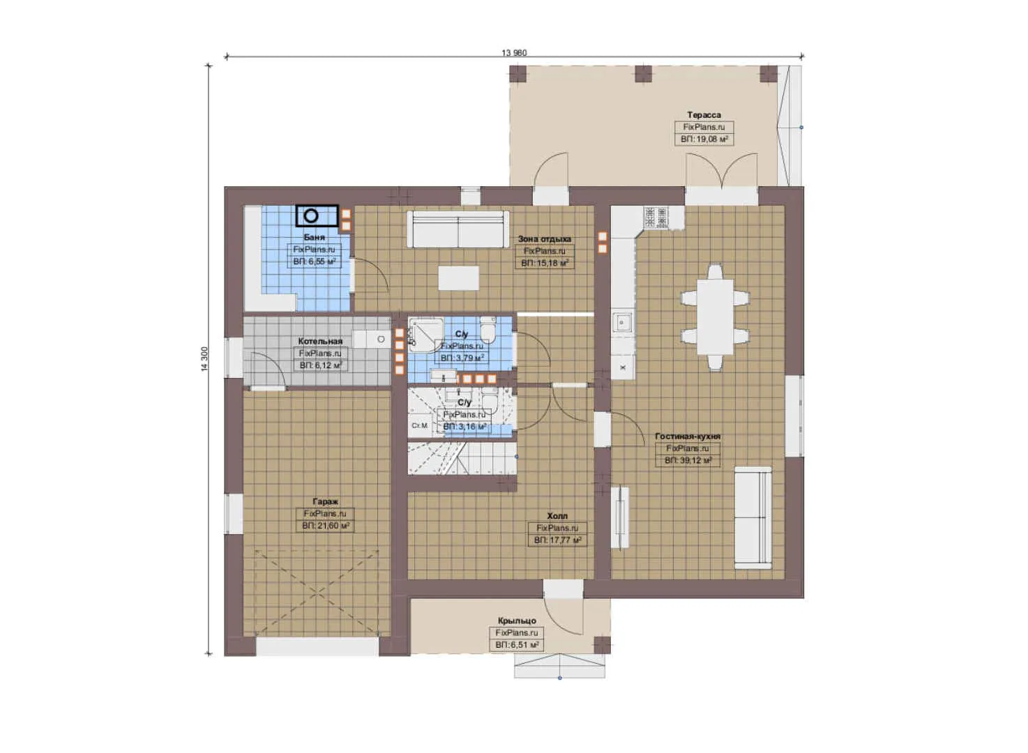 F-13436 - Планы двухэтажного дома 14 на 15, площадью 210 м² с террасой, баней, гаражом на 1 машину и 3 спальнями