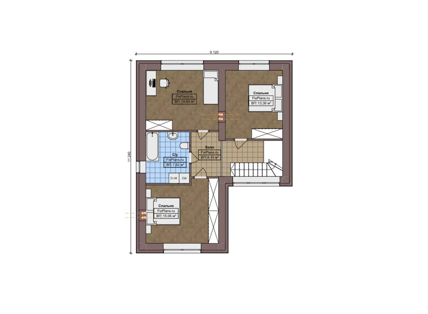 F-6776 - Планы двухэтажного дома 14 на 16, площадью 200 м² с террасой, гаражом на 1 машину и 4 спальнями