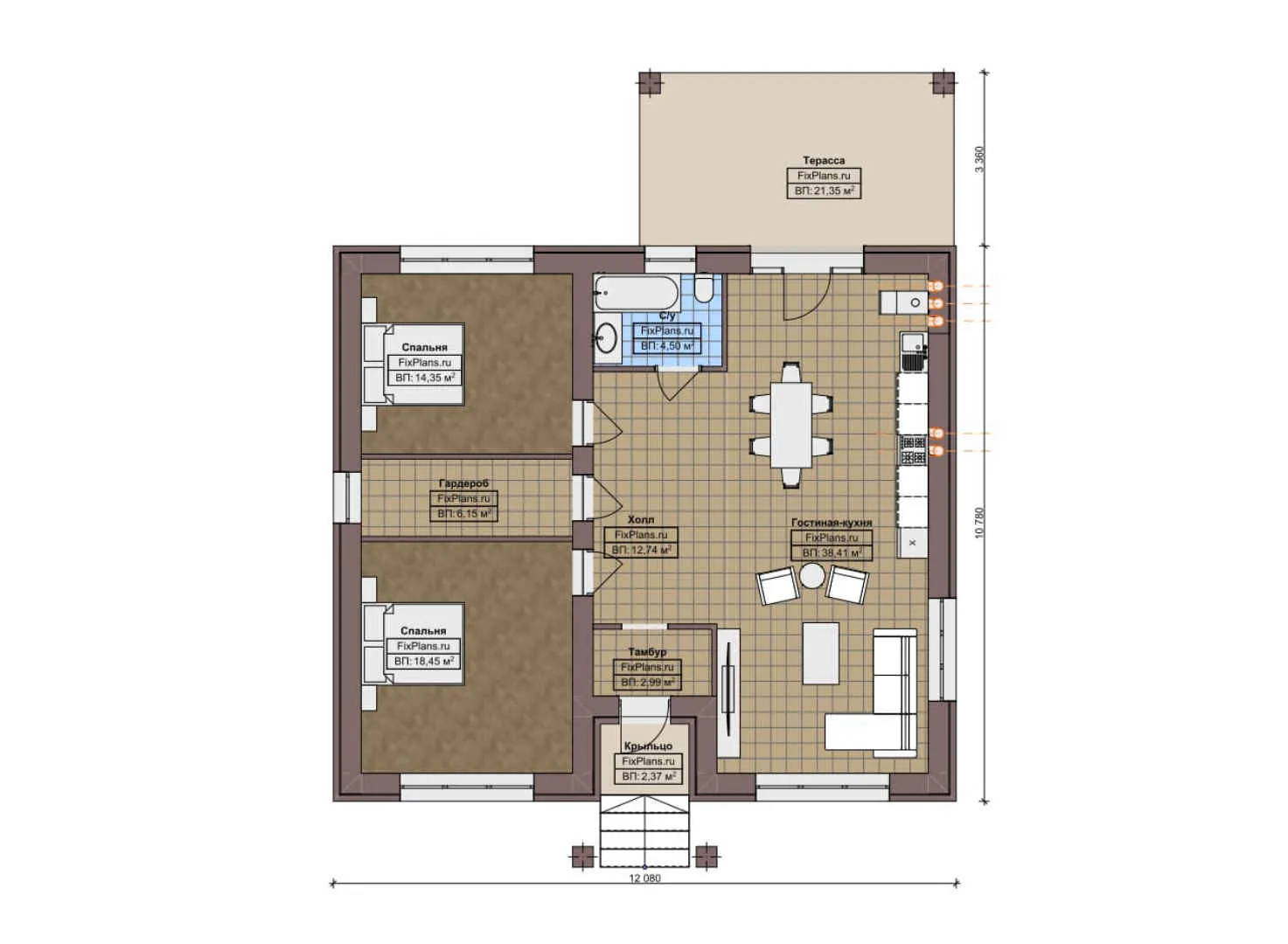 F-6965 - План одноэтажного дома 11 на 13, площадью 130 м² с террасой и 2 спальнями