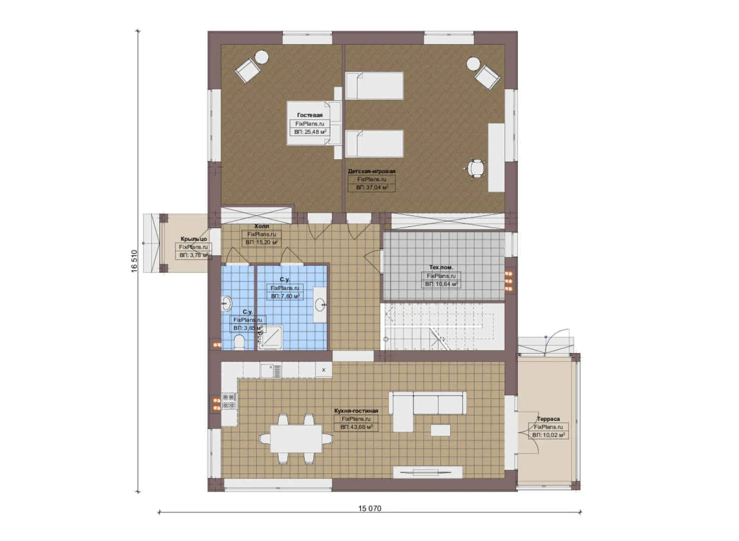 F-19376 - Планы дома с мансардой 16 на 17, площадью 260 м² с террасой и 1 спальнями