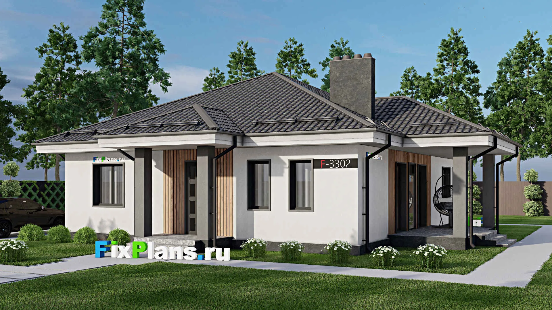 F-3302 - Проект одноэтажного дома 12 на 13, площадью 150 м² с террасой и 4 спальнями