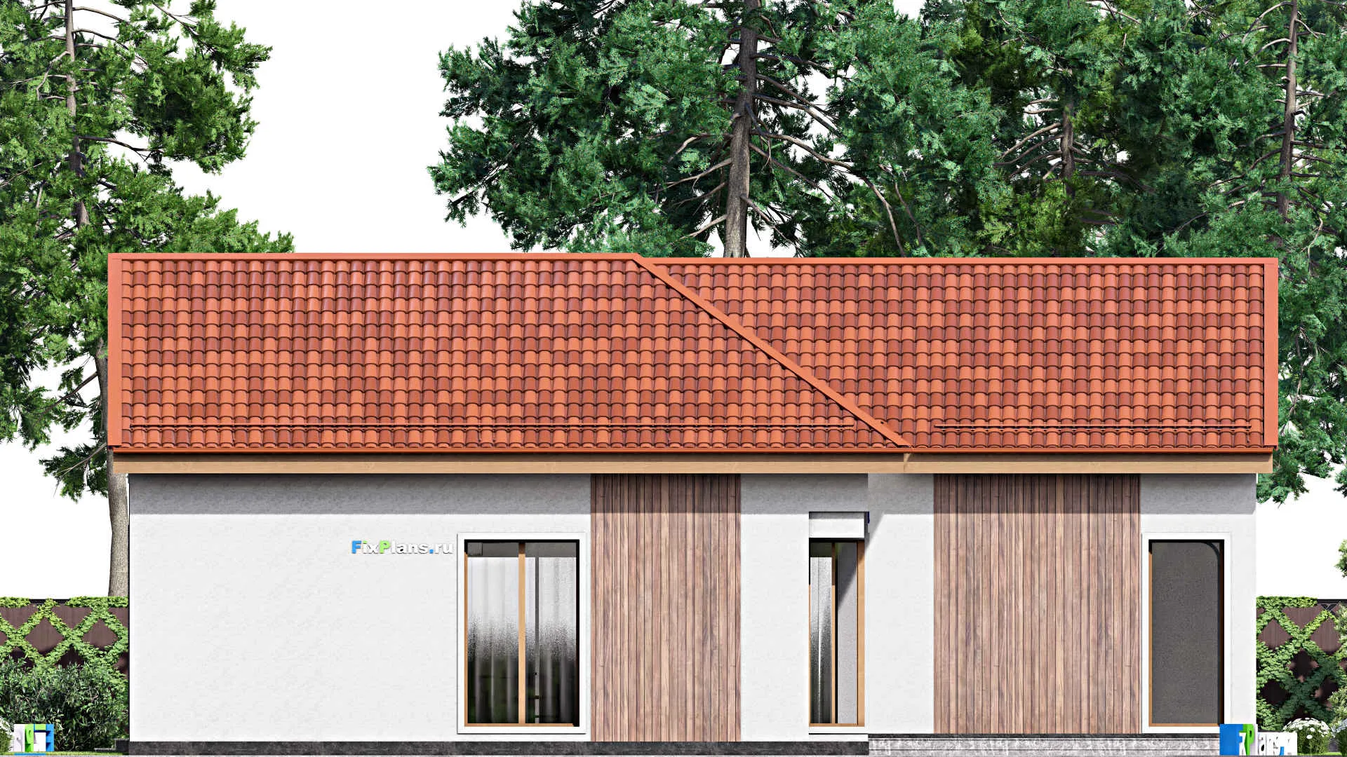 F-16244 - Проект одноэтажного дома 16 на 18, площадью 320 м² с террасой, гаражом на 1 машину и 3 спальнями