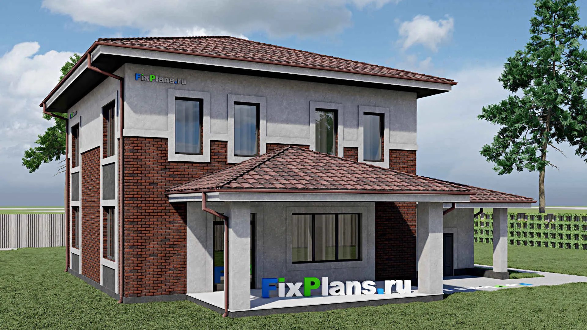 F-0476 - Проект двухэтажного дома 13 на 16, площадью 230 м² с террасой, гаражом на 1 машину и 3 спальнями