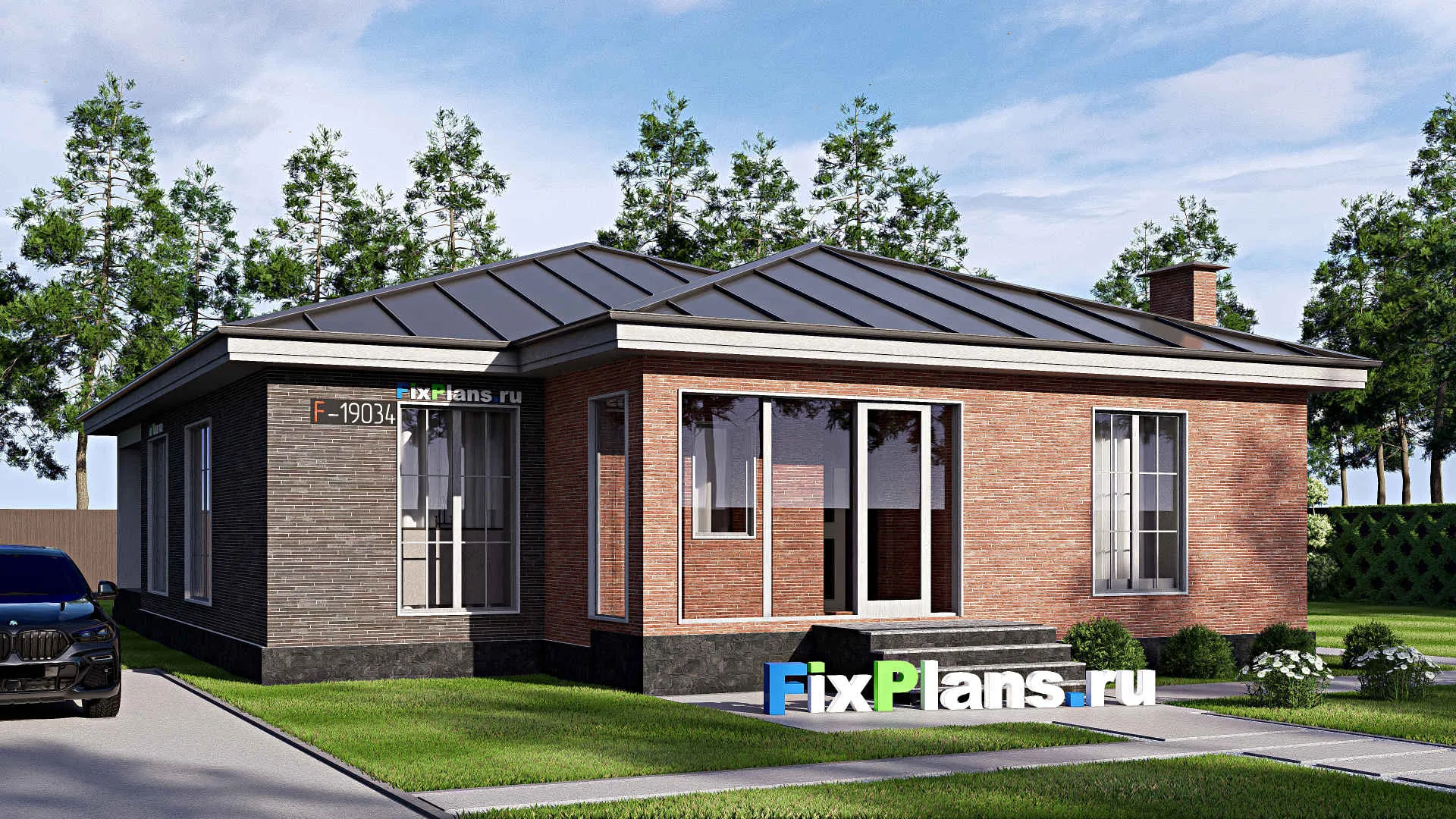 F-19034 - Проект одноэтажного дома 13 на 19, площадью 190 м² с террасой и 4 спальнями