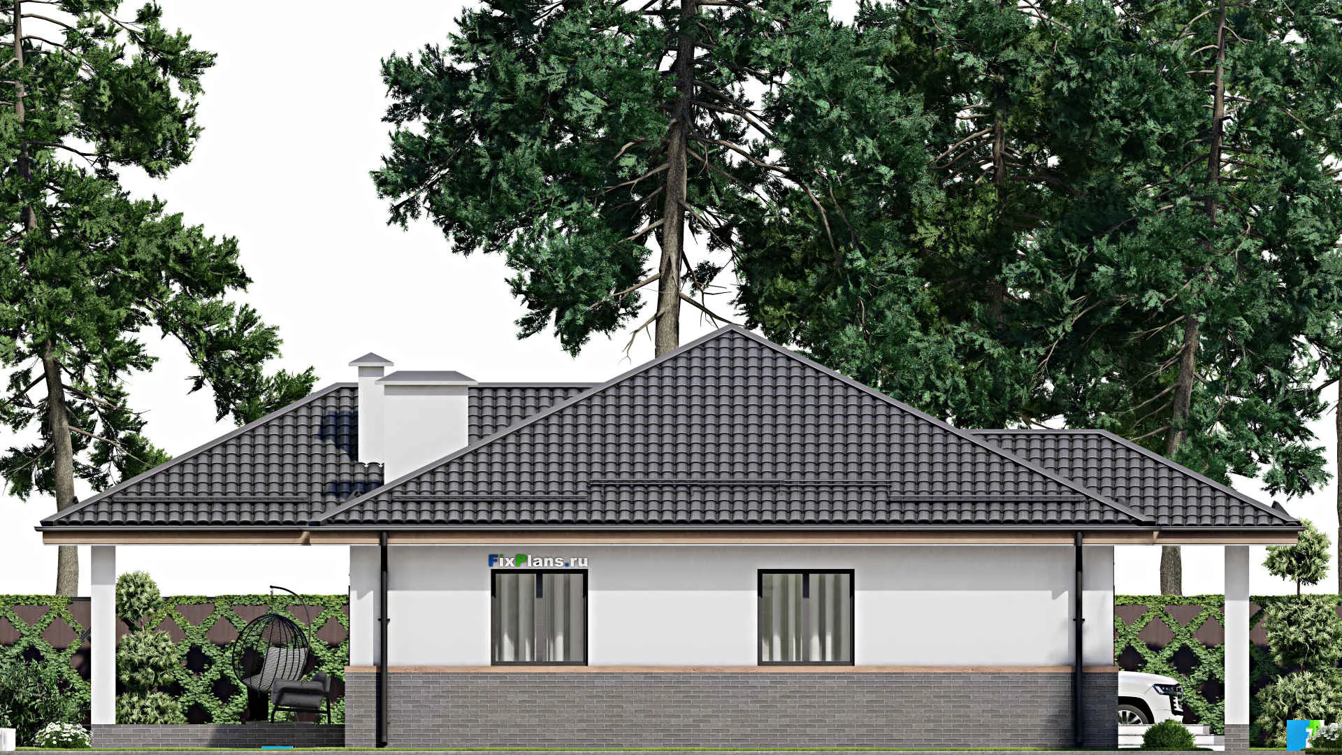 F-3617 - Проект одноэтажного дома 12 на 13, площадью 160 м² с террасой и 3 спальнями