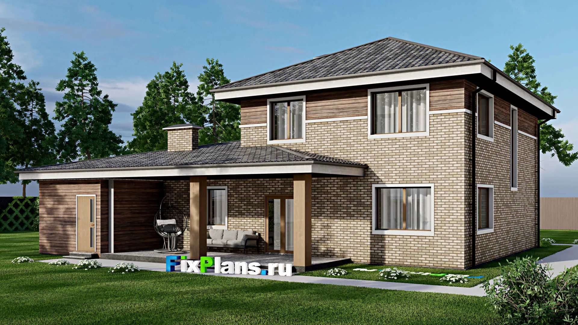 F-9278 - Проект двухэтажного дома 17 на 17, площадью 220 м² с террасой, гаражом на 1 машину и 4 спальнями