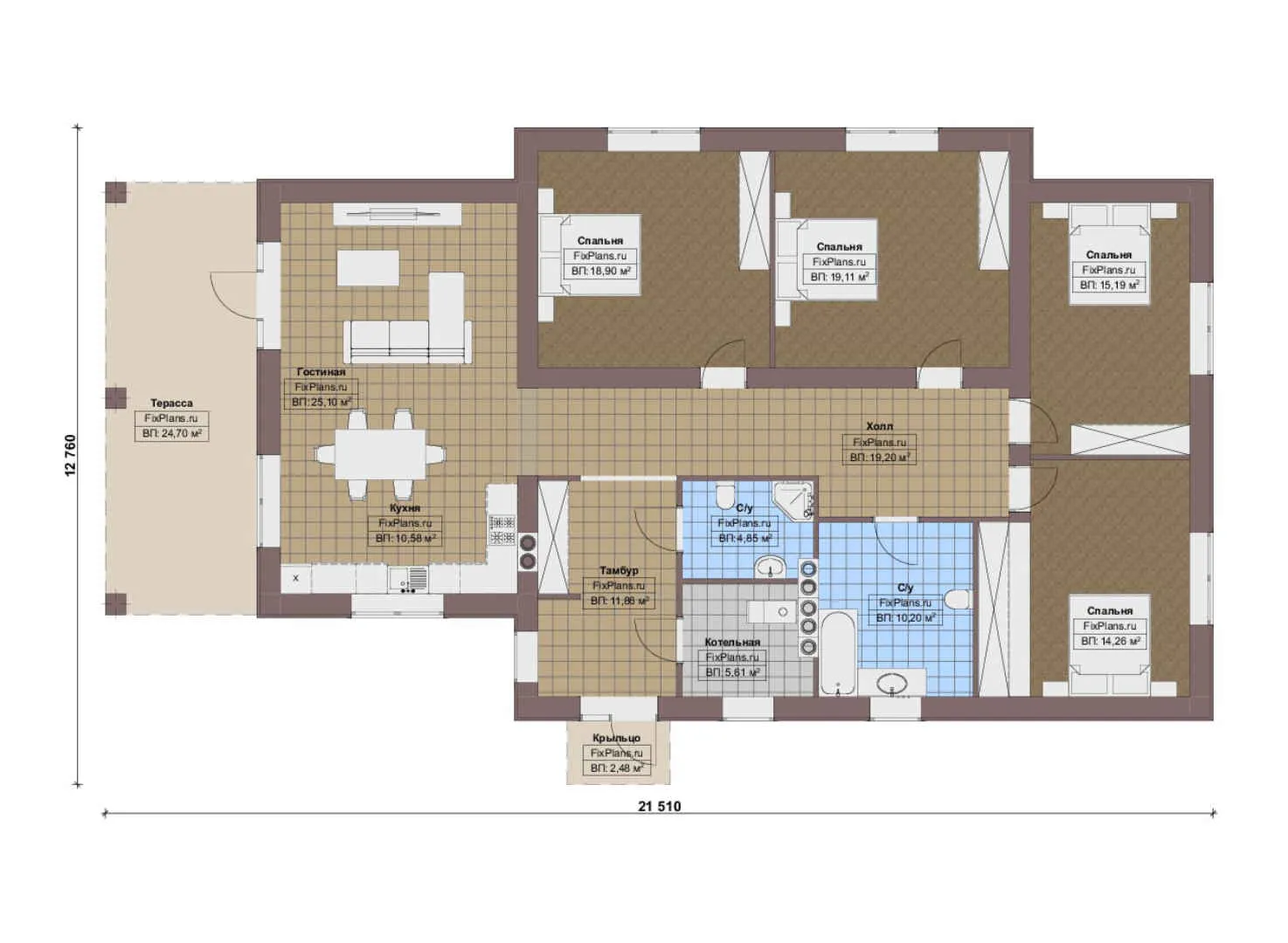 F-16370 - План одноэтажного дома 13 на 22, площадью 190 м² с 4 спальнями