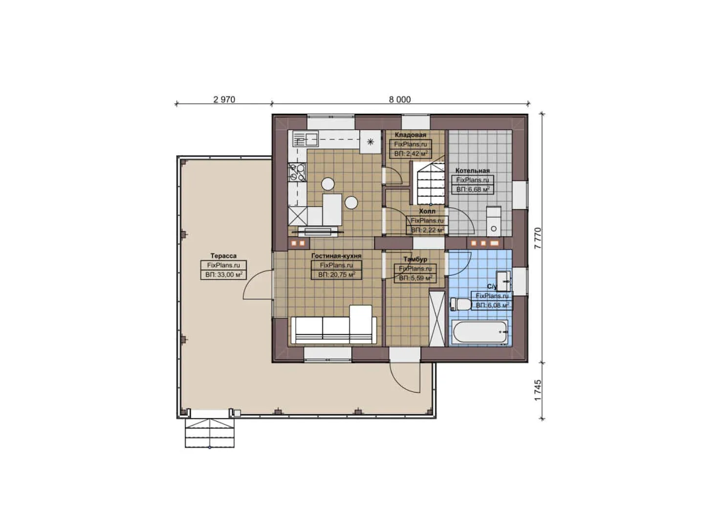 F-5831 - Планы двухэтажного дома 8 на 8, площадью 120 м² с террасой и 2 спальнями