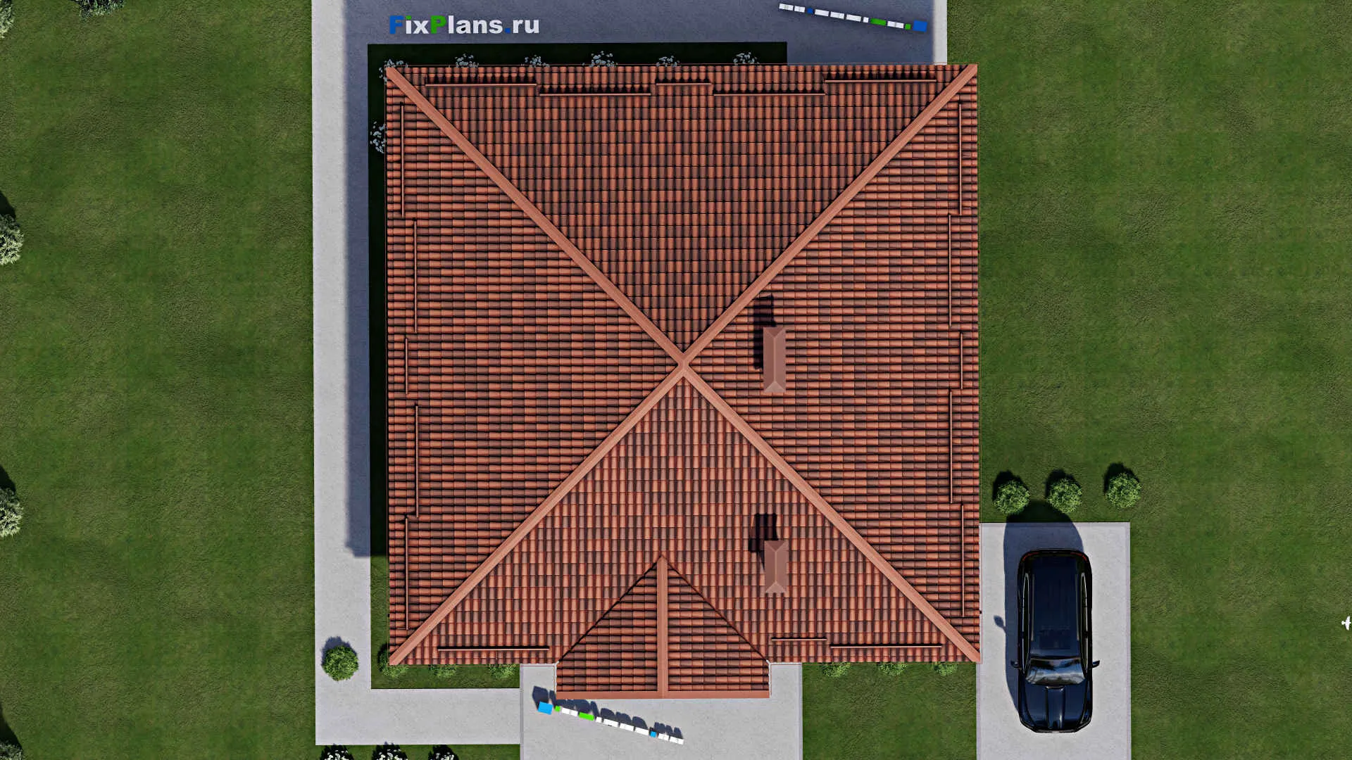 F-9233 - Проект одноэтажного дома 15 на 15, площадью 170 м² с террасой и 4 спальнями