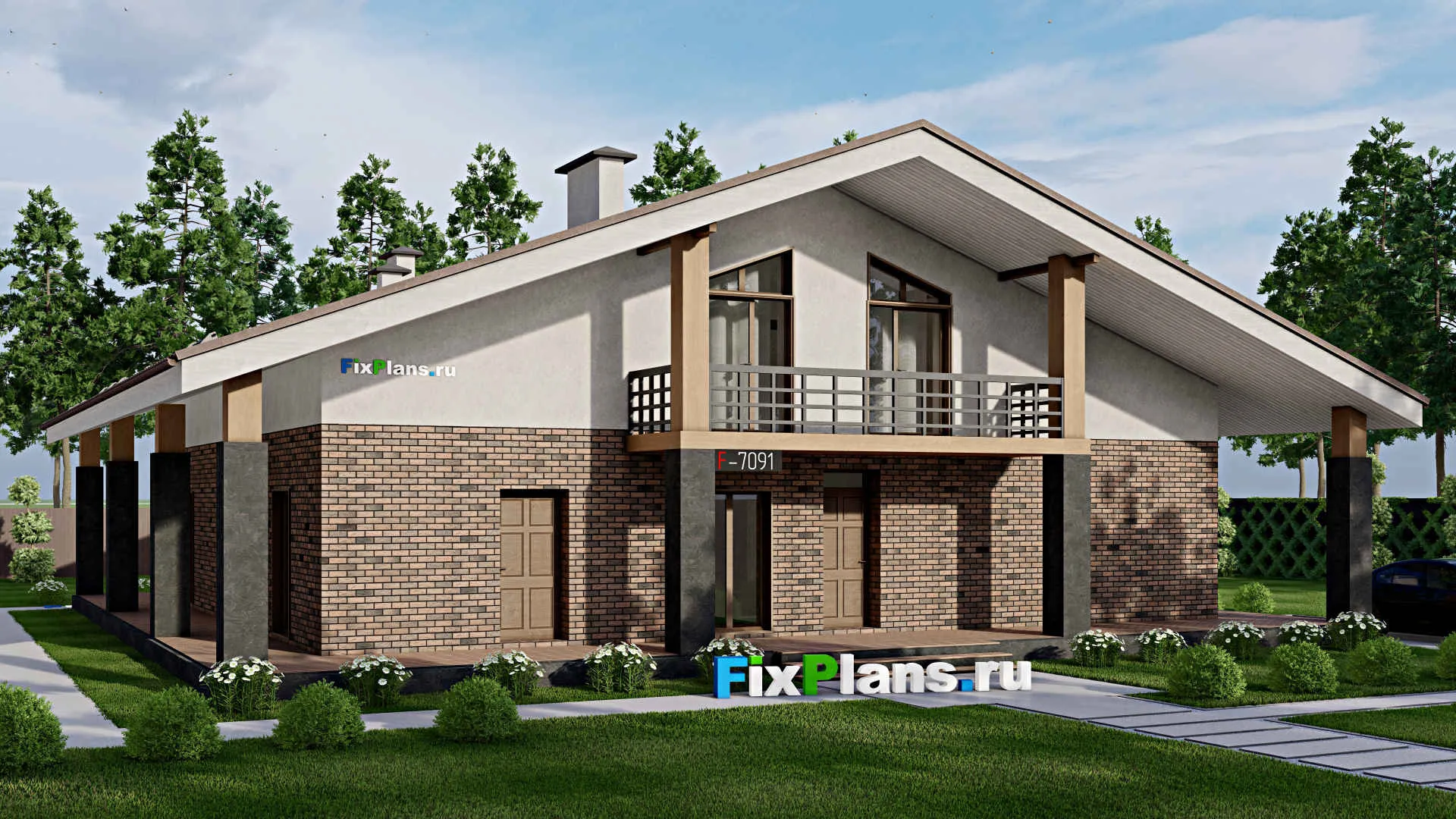 F-7091 - Проект дома с мансардой 19 на 19, площадью 340 м² с террасой, балконом и 4 спальнями