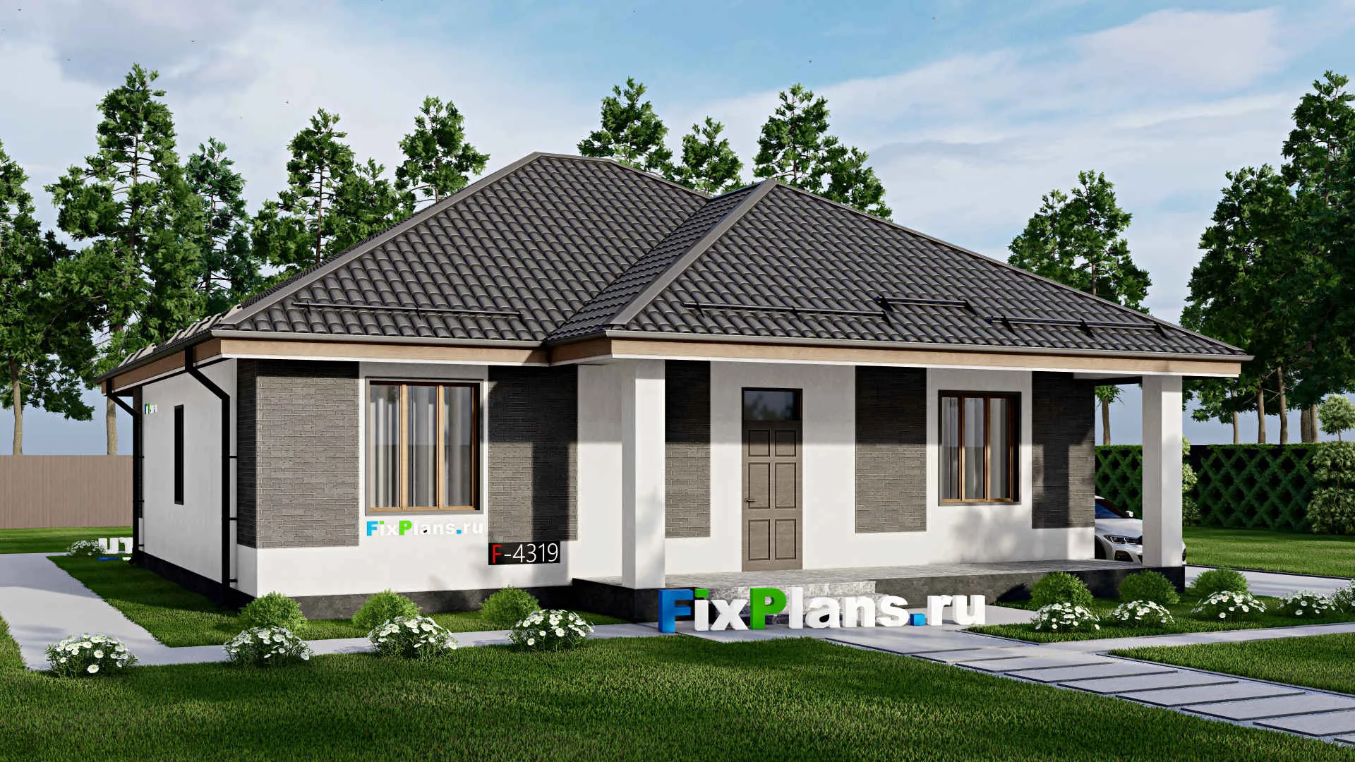 F-4319 - Проект одноэтажного дома 12 на 14, площадью 140 м² с террасой и 3 спальнями