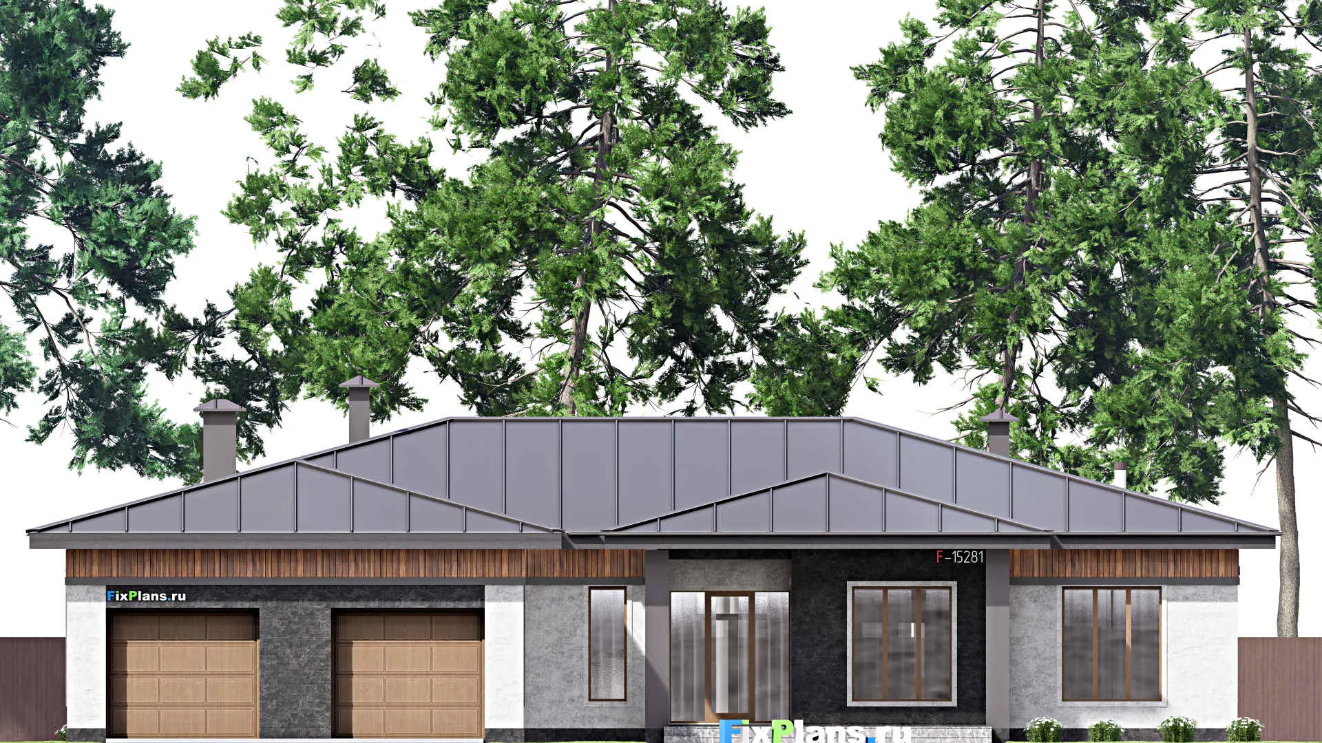 F-15281 - Проект одноэтажного дома 23 на 25, площадью 410 м² с террасой, баней, гаражом на 2 машины и 3 спальнями