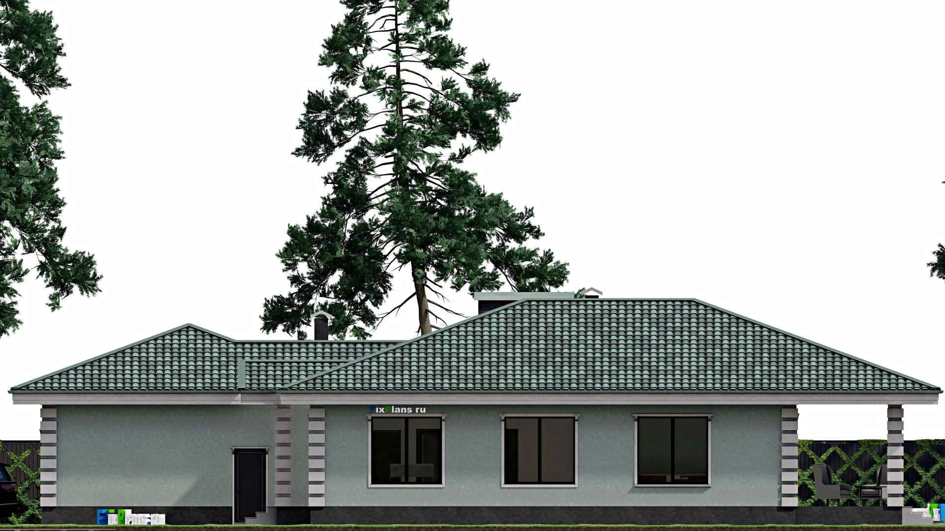 F-0962 - План одноэтажного дома 20 на 24, площадью 250 м² с террасой, гаражом на 2 машины и 3 спальнями