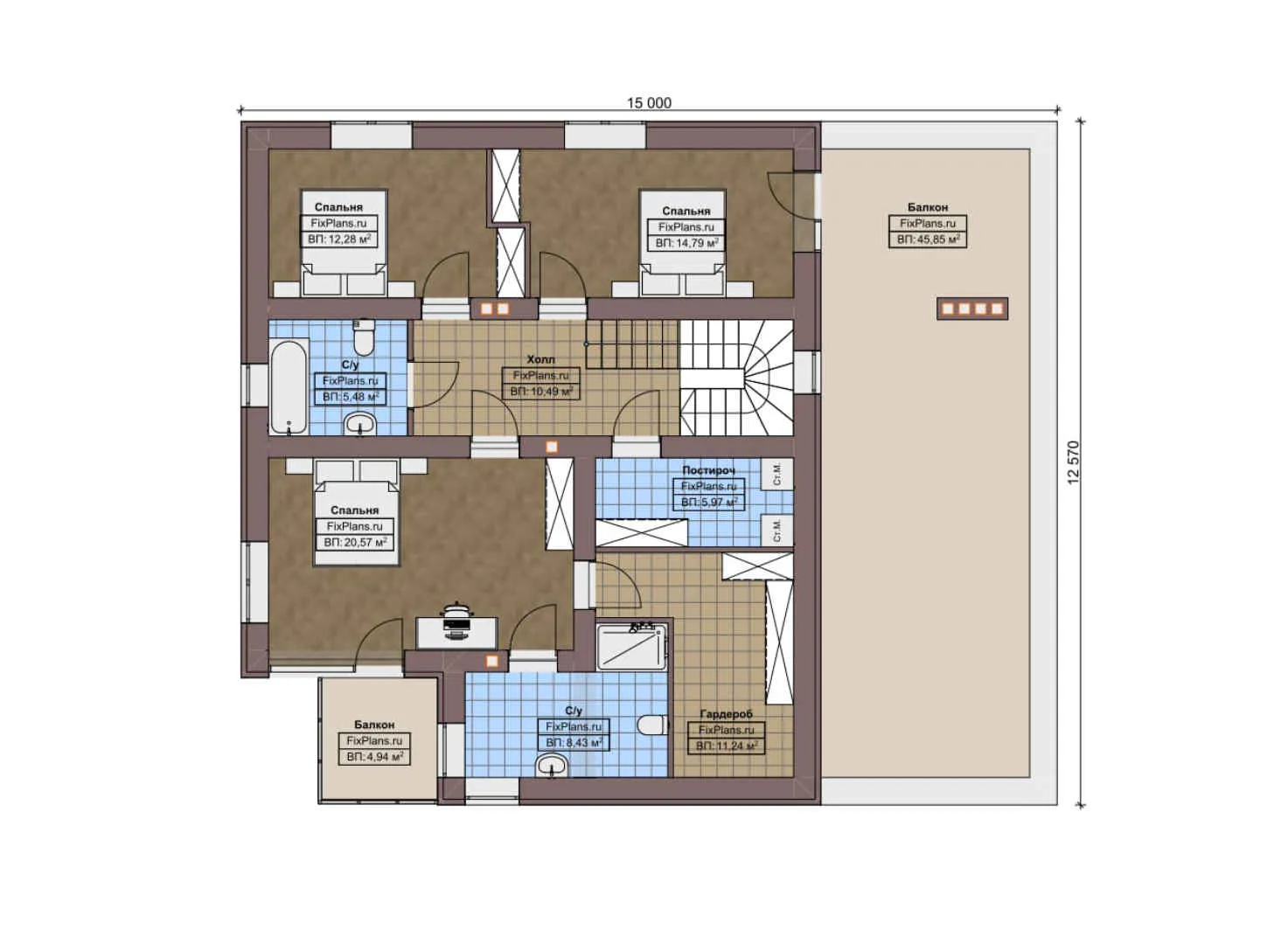 F-8594 - Планы двухэтажного дома 13 на 17, площадью 300 м² с террасой, балконом, гаражом на 2 машины и 4 спальнями