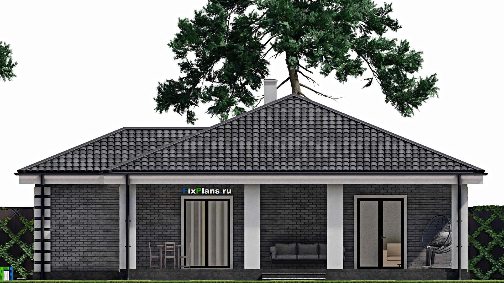 F-1628 - Проект одноэтажного дома 14 на 14, площадью 160 м² с террасой и 3 спальнями