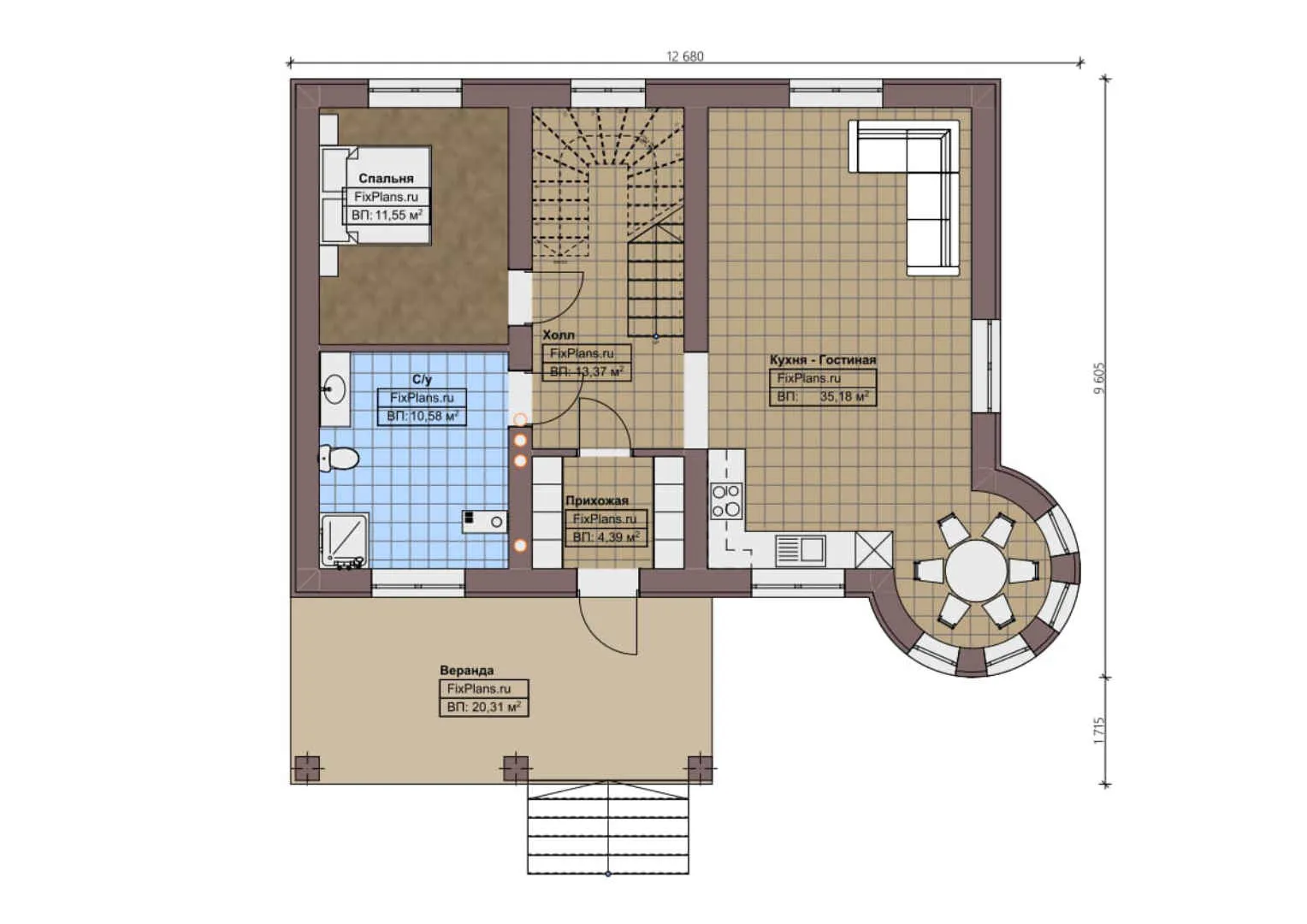 F-1025 - Планы дома с мансардой 10 на 13, площадью 170 м² с террасой и 4 спальнями