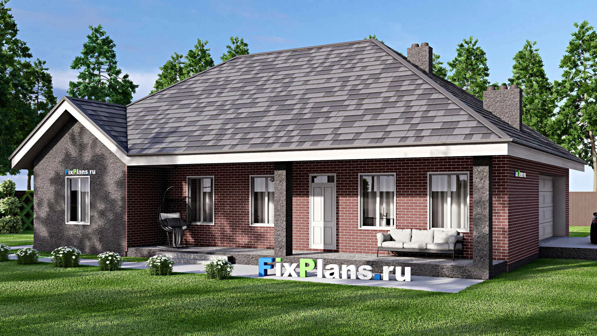 F-16721 - Проект одноэтажного дома 14 на 18, площадью 180 м² с террасой, гаражом на 2 машины и 2 спальнями