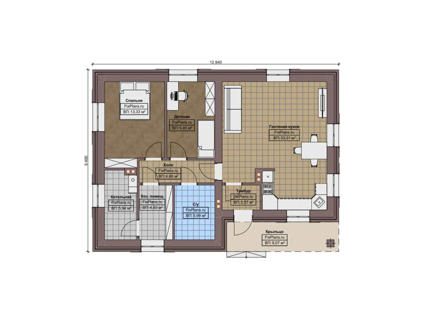 F-10529 - План одноэтажного дома 10 на 13, площадью 90 м² с 1 спальнями