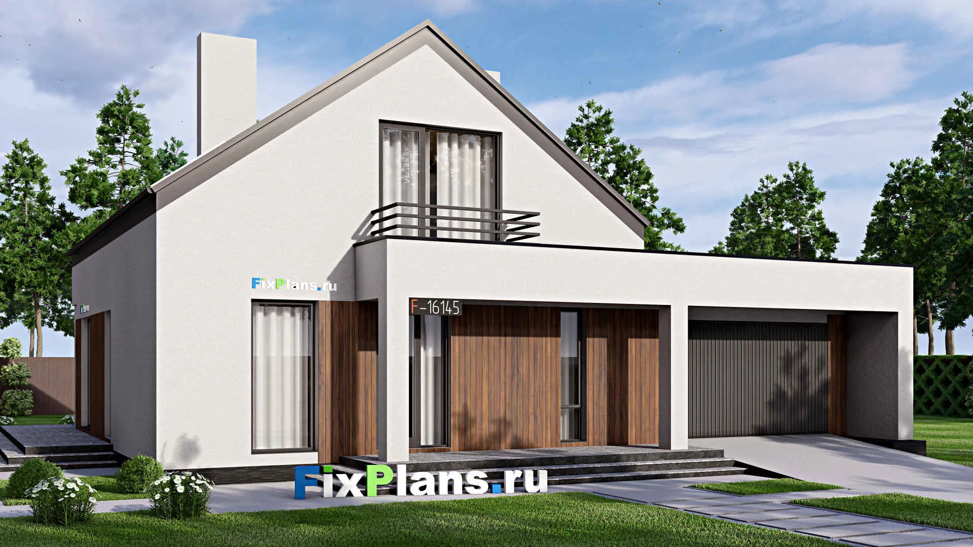 F-16145 - Проект дома с мансардой 16 на 18, площадью 290 м² с террасой, балконом, гаражом на 1 машину и 4 спальнями
