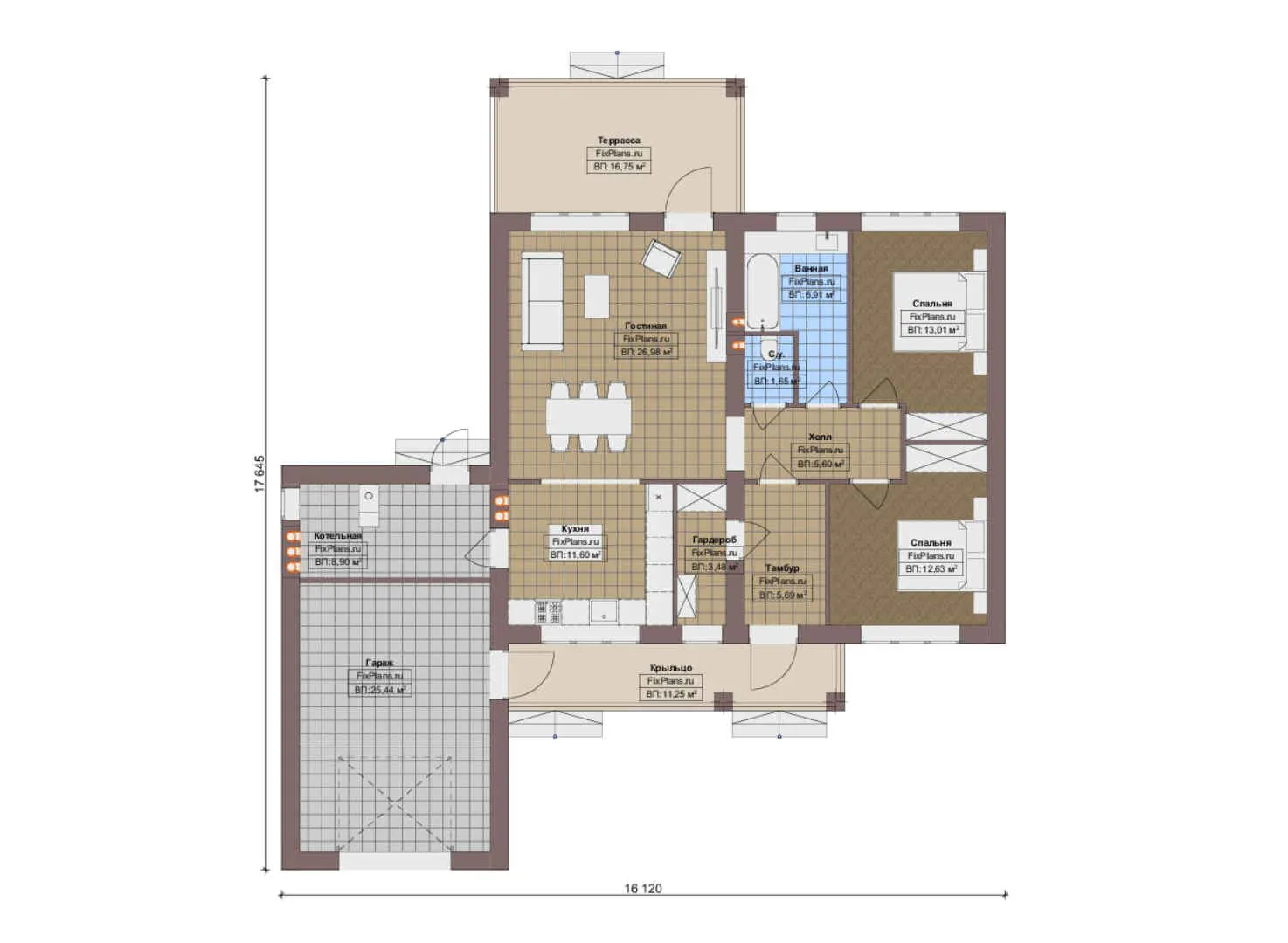 F-19349 - План одноэтажного дома 17 на 18, площадью 150 м² с террасой, гаражом на 1 машину и 2 спальнями